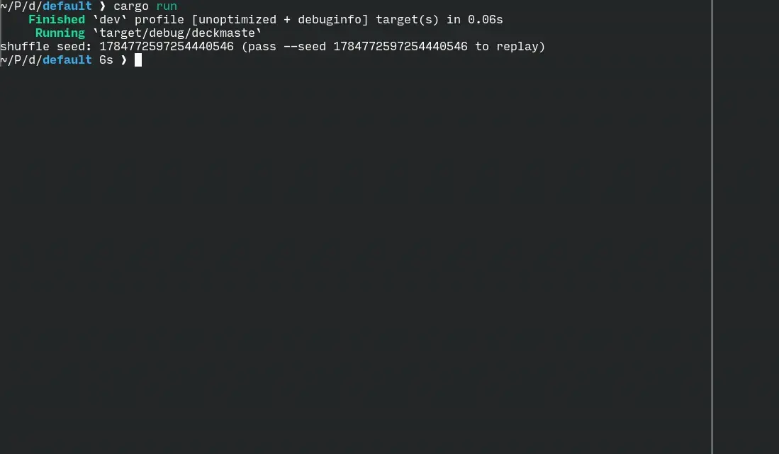 The interactive terminal client mid-game: the hotseat demo's board across every zone, priority and blocker prompts, and card detail text rendered from the cards' definitions.
